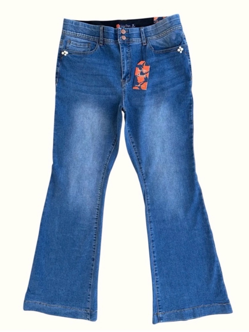 Indigo Poppy Pearl Bead Bootcut High-Rise Stretch Jeans ~ Women’s 14